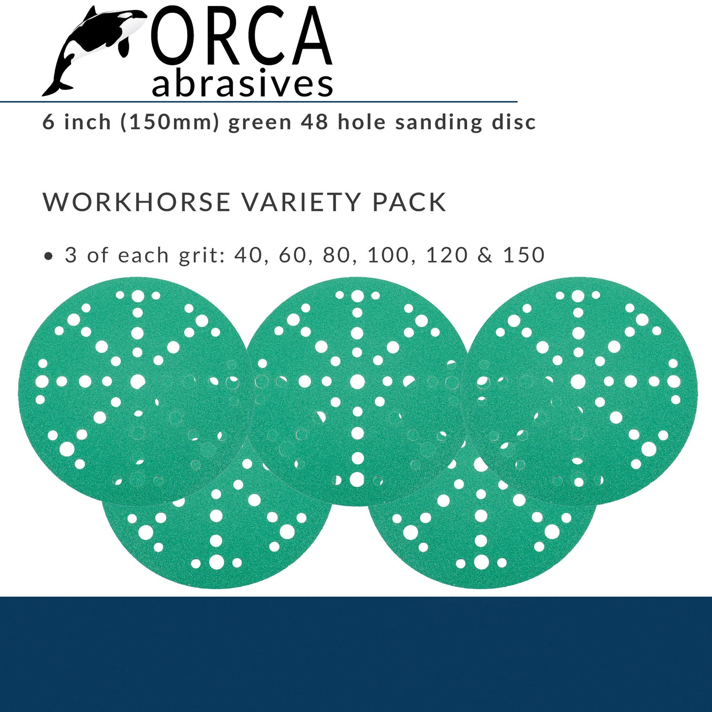 Green 6 inch multi-hole Workhorse project pack, 3 each of P40, P60, P80, P100, P120 and P150, 18 discs total
