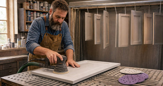 Woodworker sanding a primed cabinet door on a downdraft table with an ORCA orbital sander and purple ceramic sanding discs.