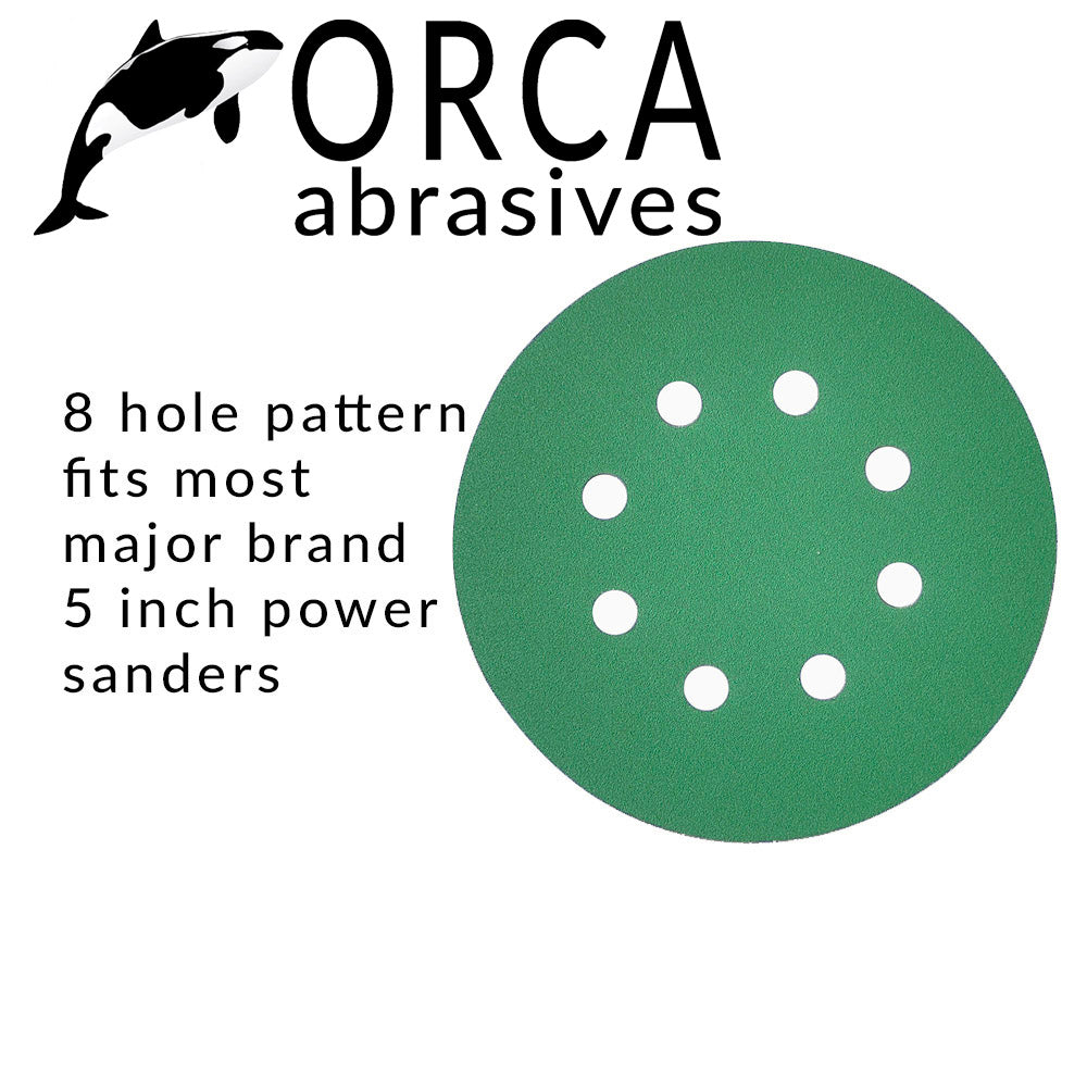 Orca Abrasives infographic, 8-hole pattern fits most major brand 5 inch power sanders