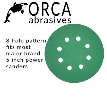 Orca Abrasives infographic, 8-hole pattern fits most major brand 5 inch power sanders