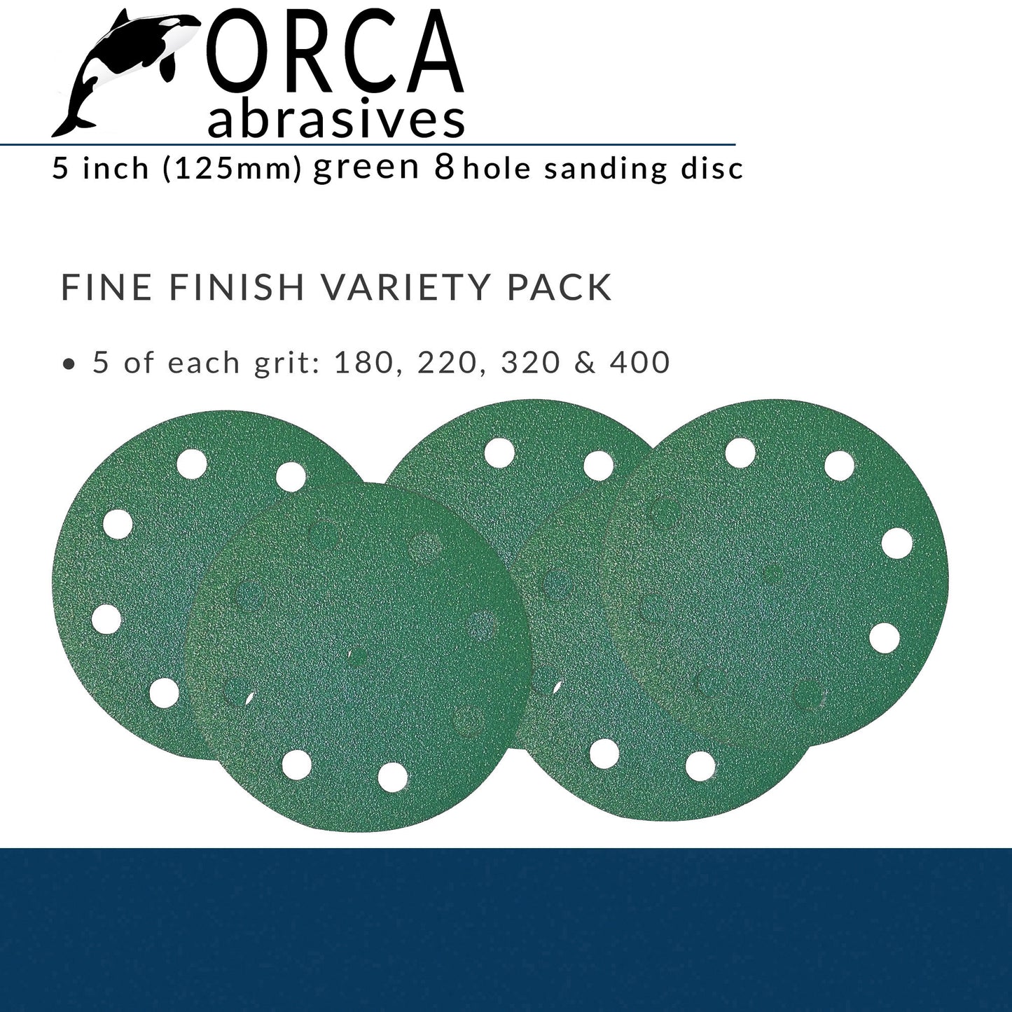 Green 5 inch 8-hole Fine Finish project pack, 5 each of P180, P220, P320 and P400, 20 discs total