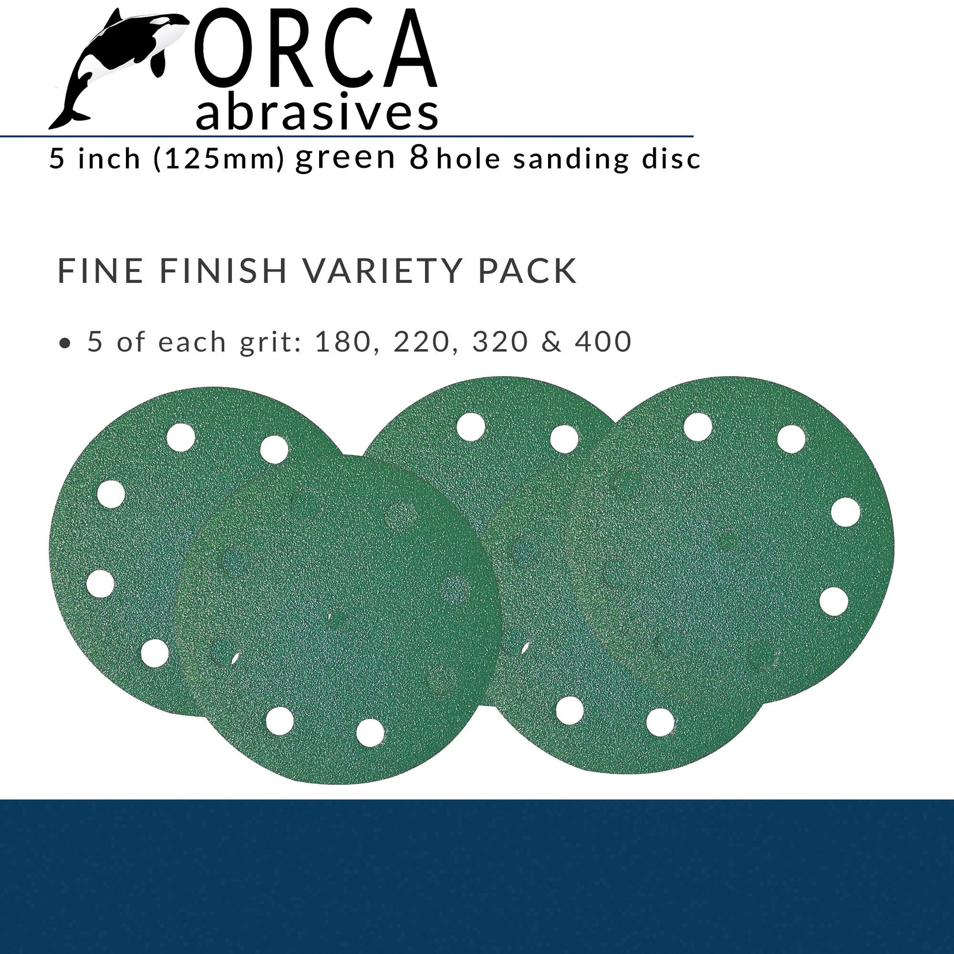 Green 5 inch 8-hole Fine Finish project pack, 5 each of P180, P220, P320 and P400, 20 discs total