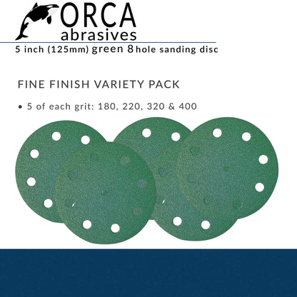 Green 5 inch 8-hole Fine Finish project pack, 5 each of P180, P220, P320 and P400, 20 discs total