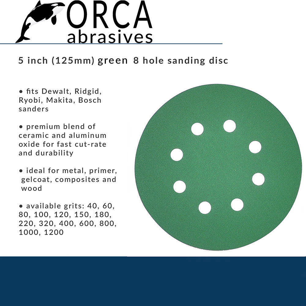 Orca Abrasives spec card, green 5 inch 8-hole disc fits DeWalt, Ridgid, Ryobi, Makita and Bosch sanders