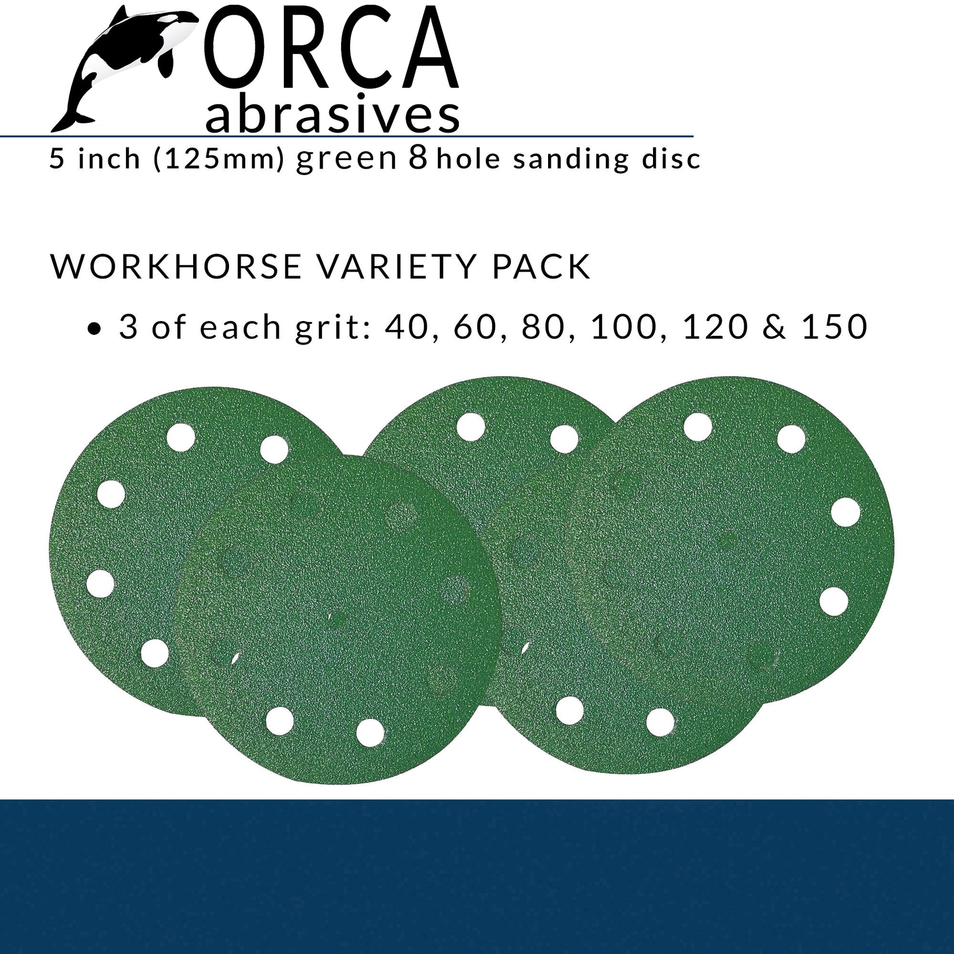 Green 5 inch 8-hole Workhorse project pack, 3 each of P40, P60, P80, P100, P120 and P150, 18 discs total
