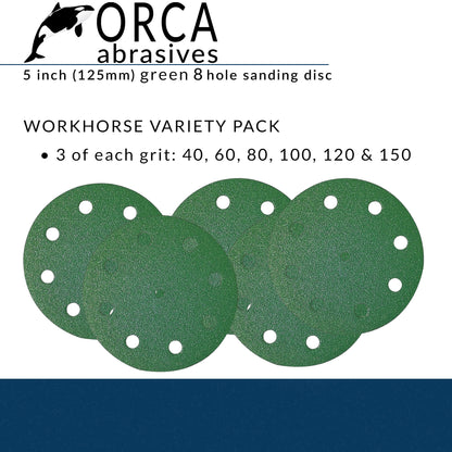 Green 5 inch 8-hole Workhorse project pack, 3 each of P40, P60, P80, P100, P120 and P150, 18 discs total