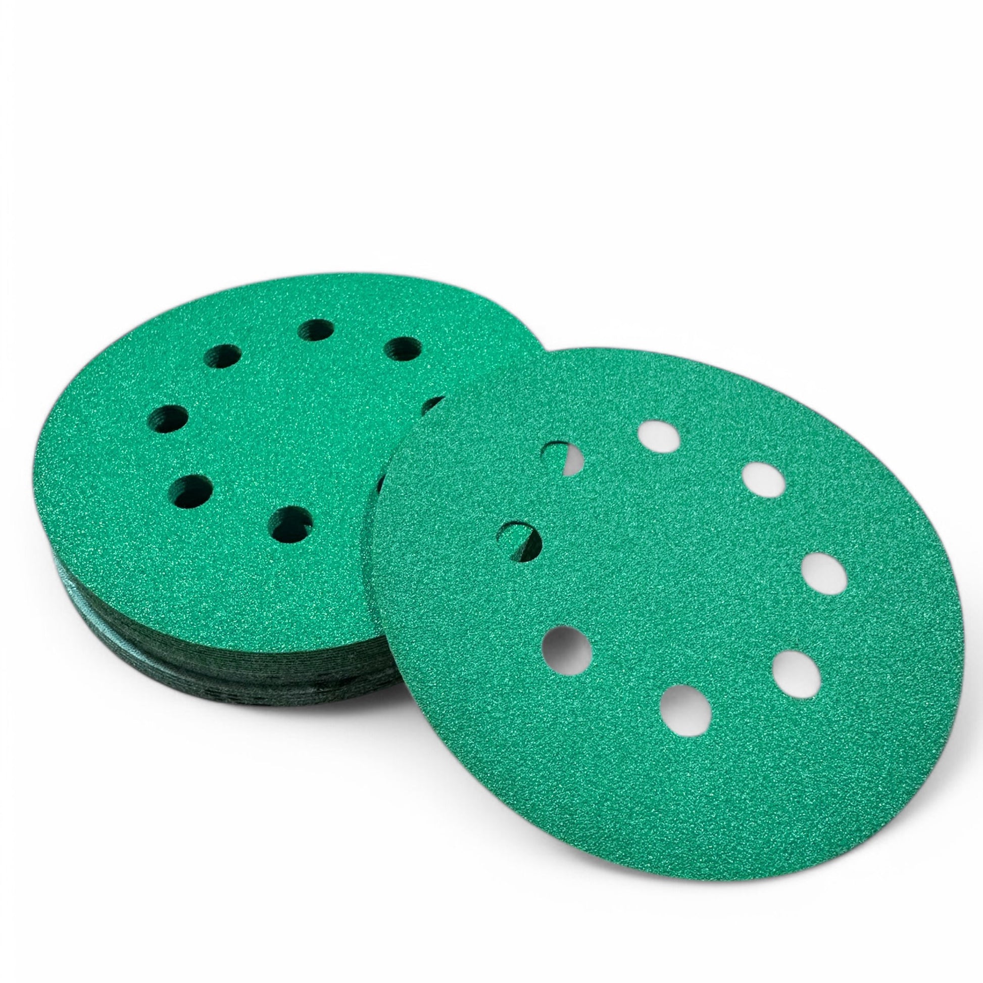 Green aluminum oxide 5 inch (125mm) 8-hole sanding discs, one face up on a stack