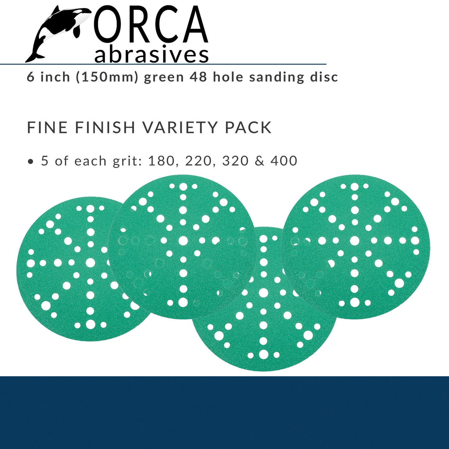 Green 6 inch multi-hole Fine Finish project pack, 5 each of P180, P220, P320 and P400, 20 discs total