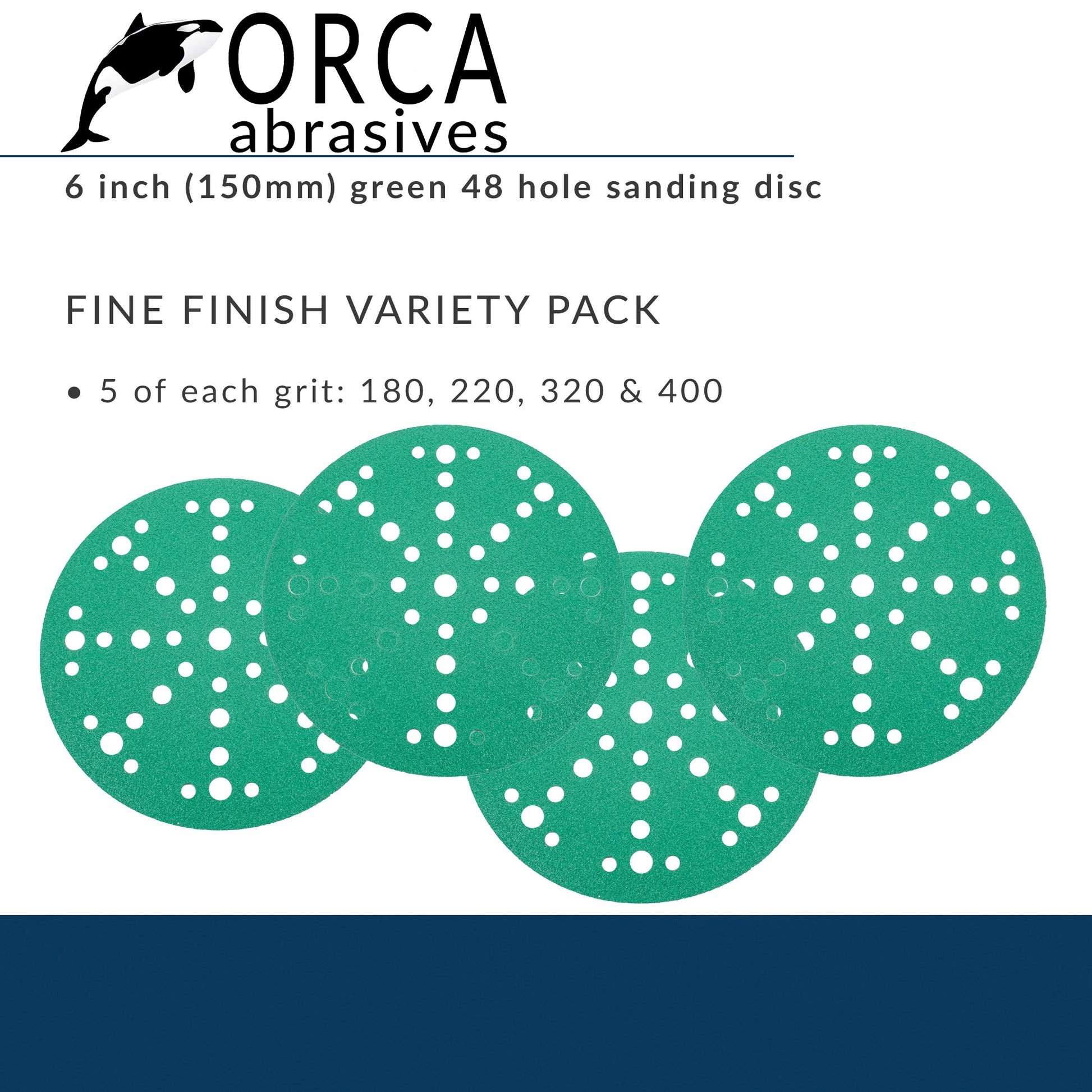 Green 6 inch multi-hole Fine Finish project pack, 5 each of P180, P220, P320 and P400, 20 discs total