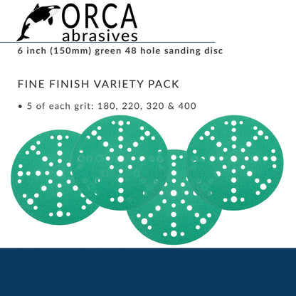 Green 6 inch multi-hole Fine Finish project pack, 5 each of P180, P220, P320 and P400, 20 discs total