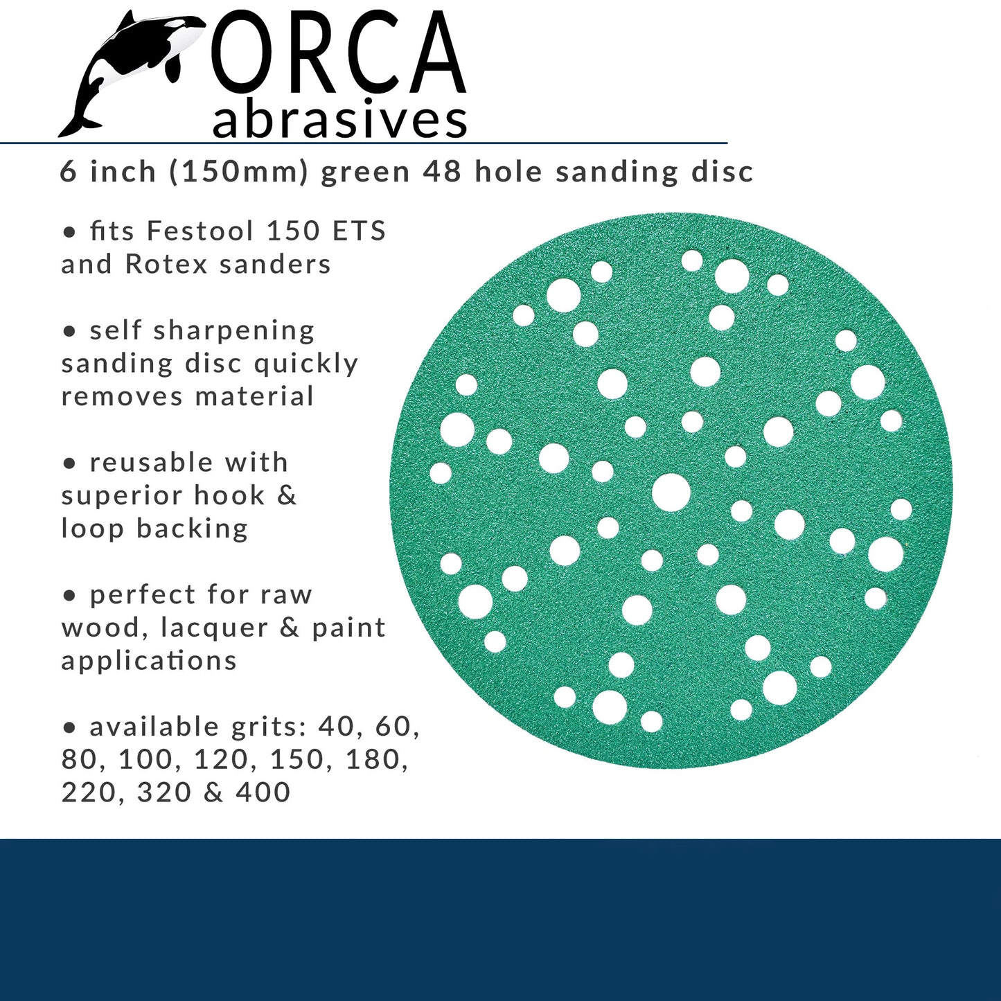 Orca Abrasives spec card, green 6 inch multi-hole disc with self sharpening grain and hook and loop backing