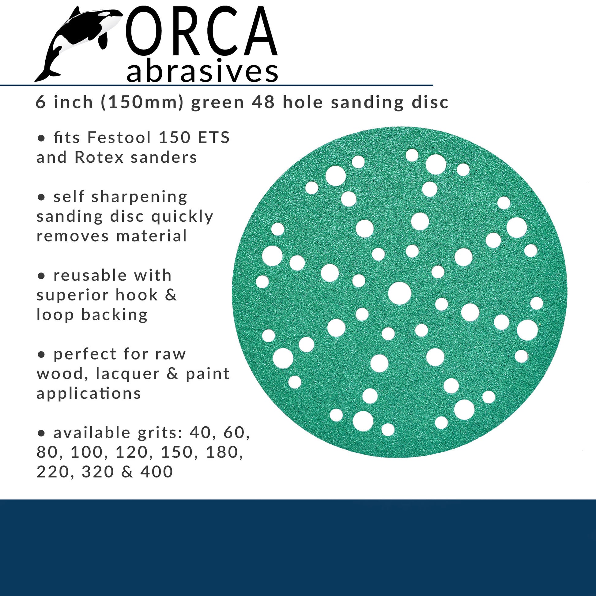 Orca Abrasives spec card, green 6 inch multi-hole disc with self sharpening grain and hook and loop backing