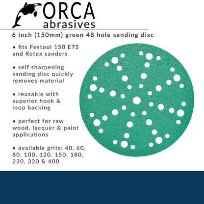 Orca Abrasives spec card, green 6 inch multi-hole disc with self sharpening grain and hook and loop backing