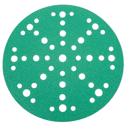Green aluminum oxide 6 inch (150mm) multi-hole sanding disc with 49 dust extraction holes
