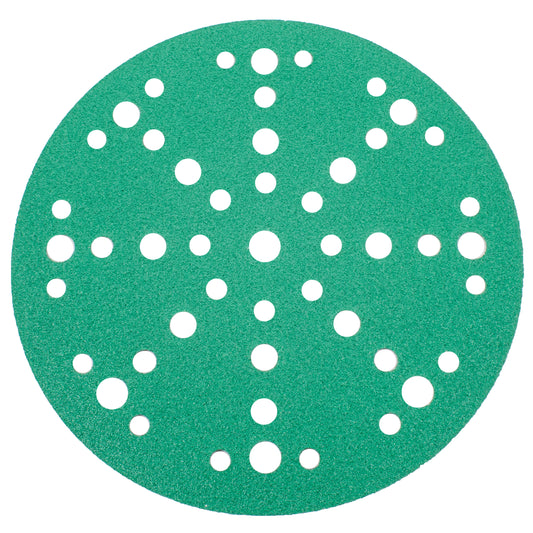 Green aluminum oxide 6 inch (150mm) multi-hole sanding disc with 49 dust extraction holes
