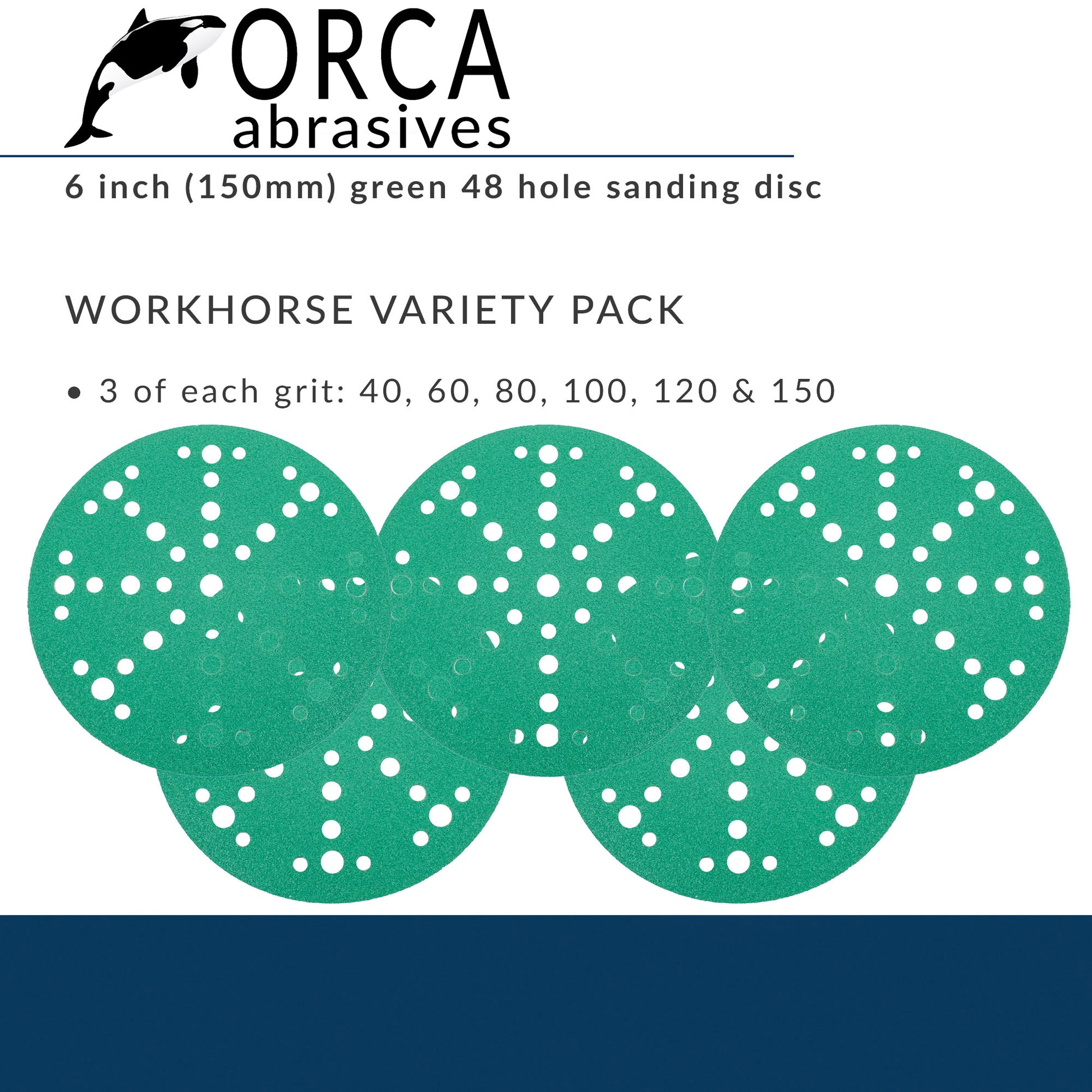 Green 6 inch multi-hole Workhorse project pack, 3 each of P40, P60, P80, P100, P120 and P150, 18 discs total