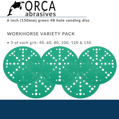 Green 6 inch multi-hole Workhorse project pack, 3 each of P40, P60, P80, P100, P120 and P150, 18 discs total