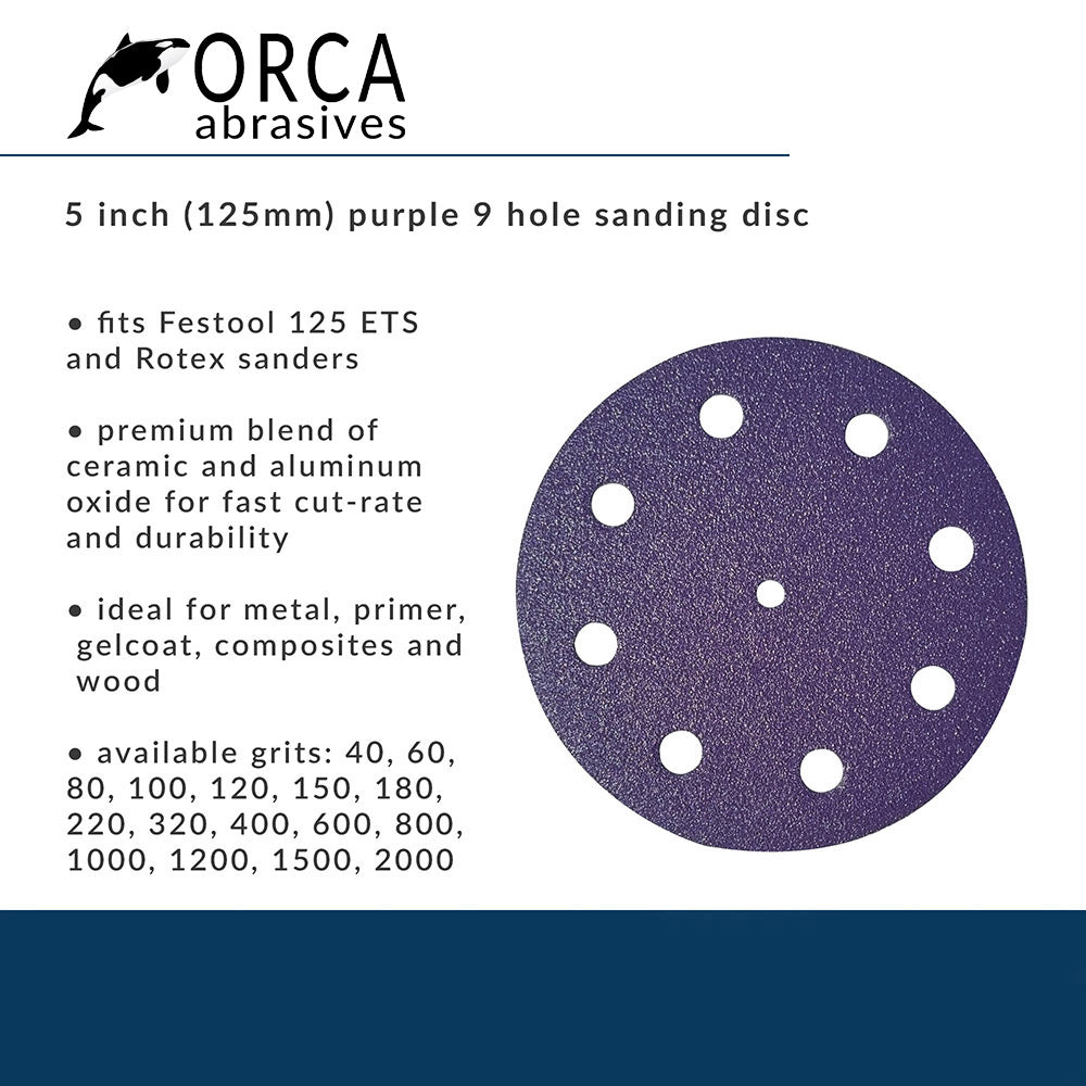 Orca Abrasives spec card, purple 5 inch 9-hole disc fits Festool ETS 125 and Rotex sanders