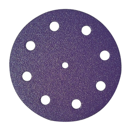 Purple ceramic 5 inch (125mm) 9-hole hook and loop sanding disc, face up