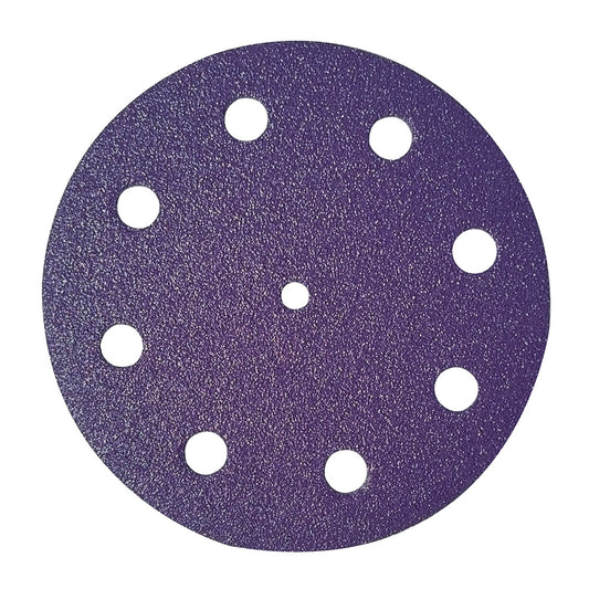 Purple ceramic 5 inch (125mm) 9-hole hook and loop sanding disc, face up
