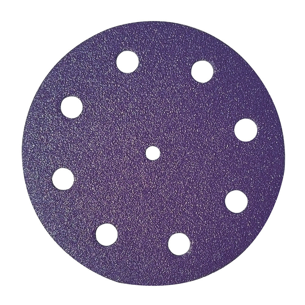 Purple ceramic 5 inch (125mm) 9-hole sanding disc from the project pack, face up