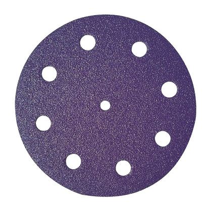 Purple ceramic 5 inch (125mm) 9-hole sanding disc from the project pack, face up