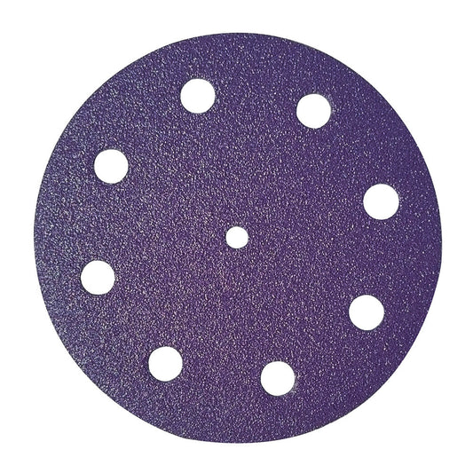 Purple ceramic 5 inch (125mm) 9-hole sanding disc from the project pack, face up