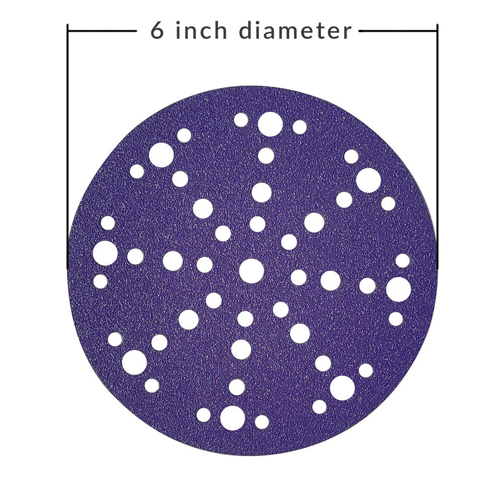 Diagram showing the 6 inch (150mm) diameter of a purple ceramic multi-hole sanding disc