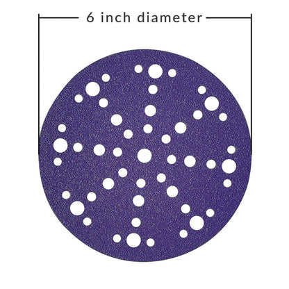 Diagram showing the 6 inch (150mm) diameter of a purple ceramic 49-hole sanding disc