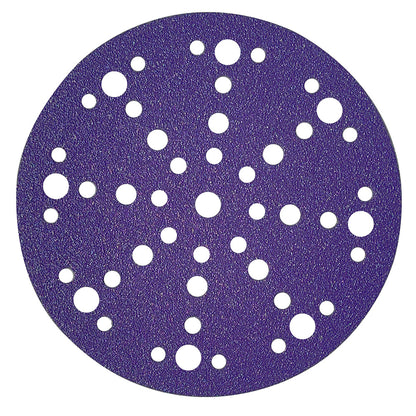Purple ceramic 6 inch (150mm) multi-hole sanding disc with 49 dust extraction holes