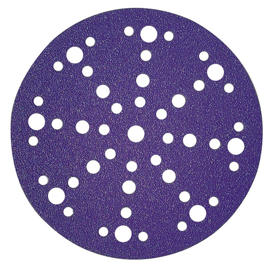 Purple ceramic 6 inch (150mm) multi-hole sanding disc with 49 dust extraction holes