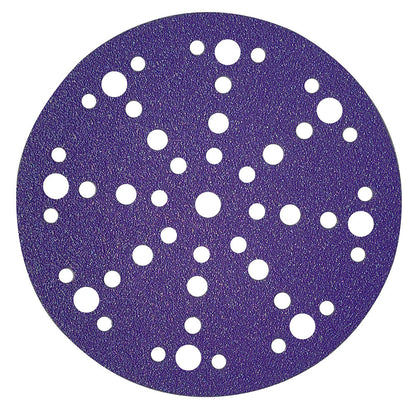 Purple ceramic 6 inch (150mm) 49-hole sanding disc from the project pack, face up