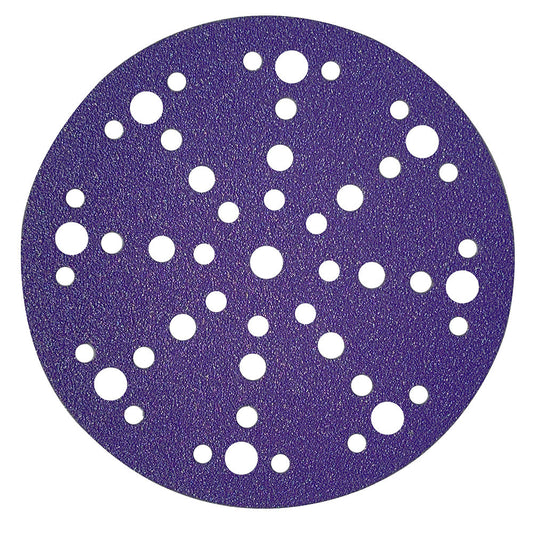 Purple ceramic 6 inch (150mm) 49-hole sanding disc from the project pack, face up