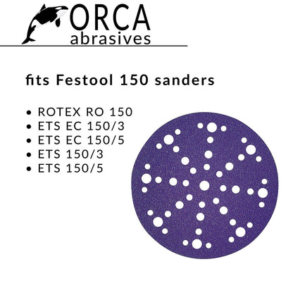 Orca Abrasives fit card, purple multi-hole disc fits Festool Rotex RO 150, ETS EC 150/3 and 150/5, ETS 150/3 and 150/5