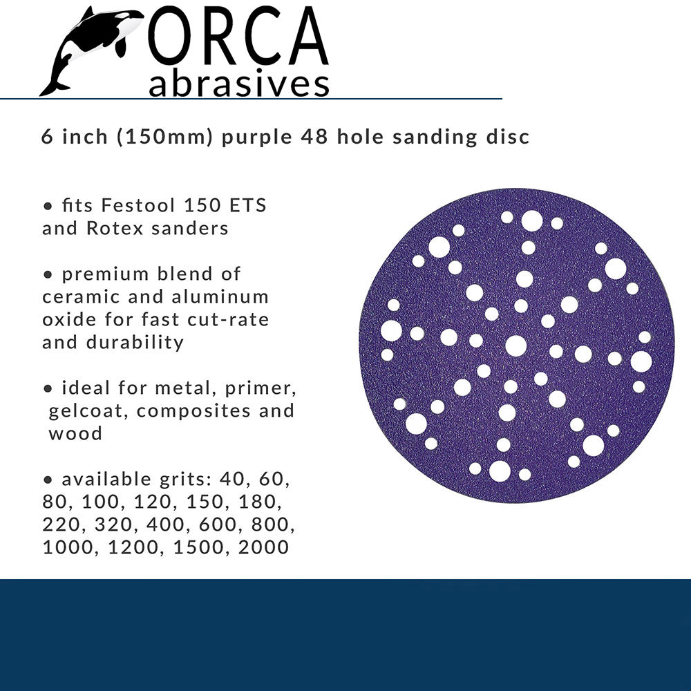 Orca Abrasives spec card, purple 6 inch multi-hole disc fits Festool 150 ETS and Rotex sanders