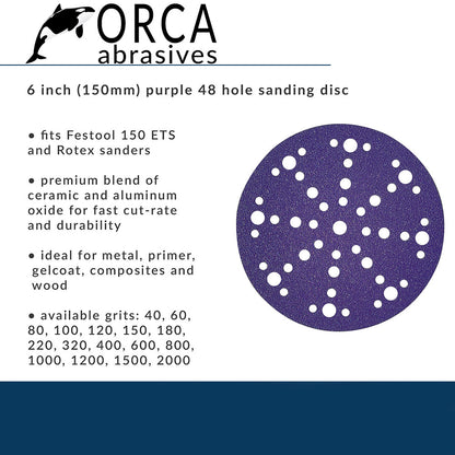 Orca Abrasives spec card, purple 6 inch multi-hole disc fits Festool 150 ETS and Rotex sanders