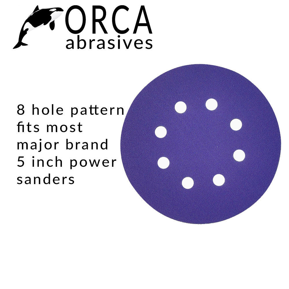 Orca Abrasives infographic, 8-hole pattern fits most major brand 5 inch power sanders