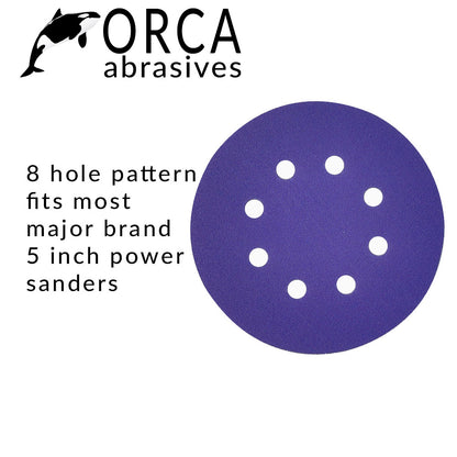 Orca Abrasives infographic, 8-hole pattern fits most major brand 5 inch power sanders