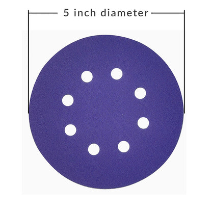 Diagram showing the 5 inch (125mm) diameter of a purple ceramic 8-hole sanding disc