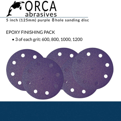 Purple 5 inch 8-hole Epoxy Finish project pack, 3 each of P600, P800, P1000 and P1200, 12 discs total