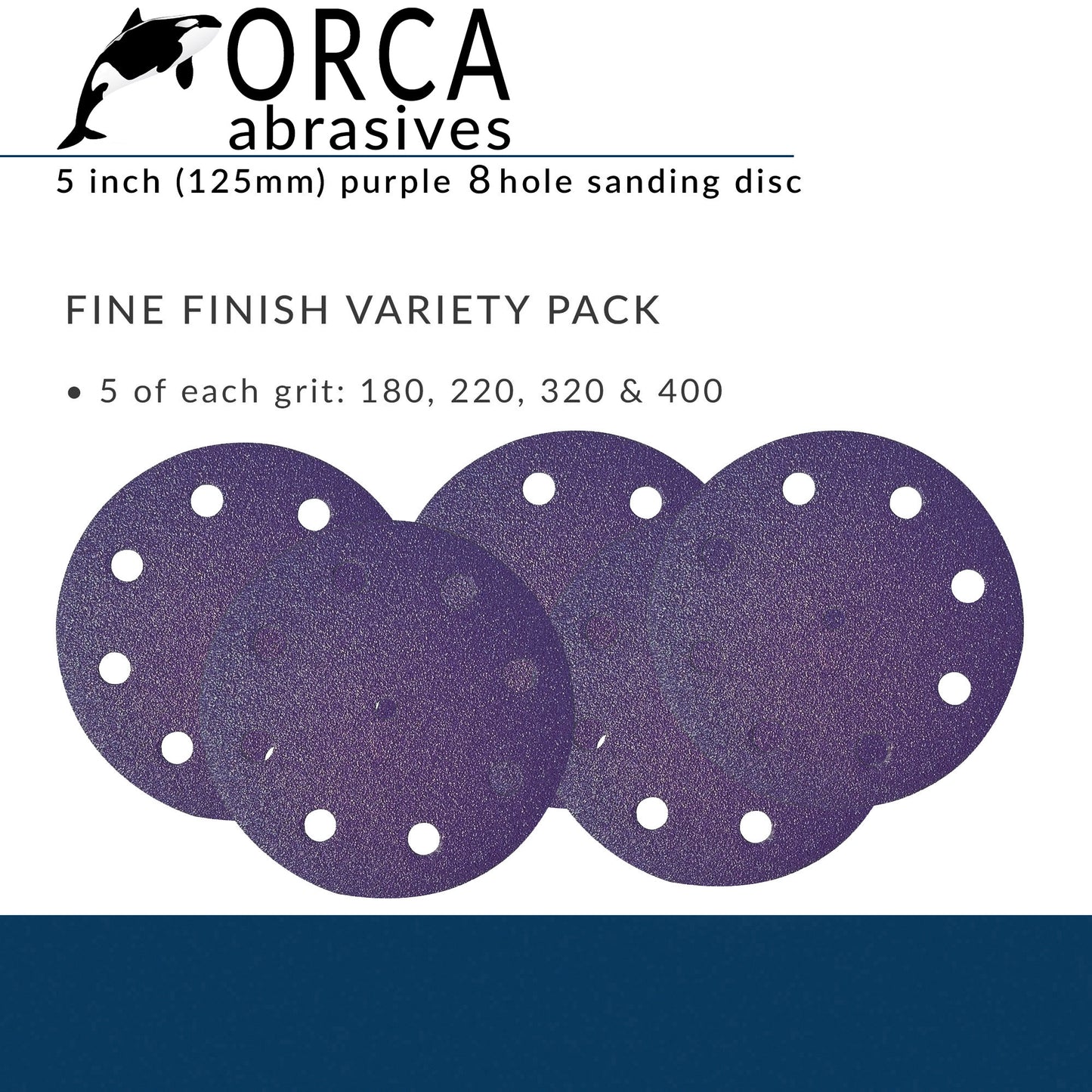 Purple 5 inch 8-hole Fine Finish project pack, 5 each of P180, P220, P320 and P400, 20 discs total