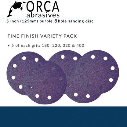 Purple 5 inch 8-hole Fine Finish project pack, 5 each of P180, P220, P320 and P400, 20 discs total