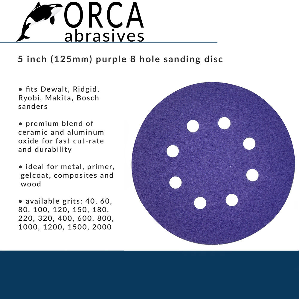 Orca Abrasives spec card, purple 5 inch 8-hole disc fits DeWalt, Ridgid, Ryobi, Makita and Bosch sanders