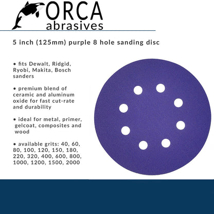 Orca Abrasives spec card, purple 5 inch 8-hole disc fits DeWalt, Ridgid, Ryobi, Makita and Bosch sanders