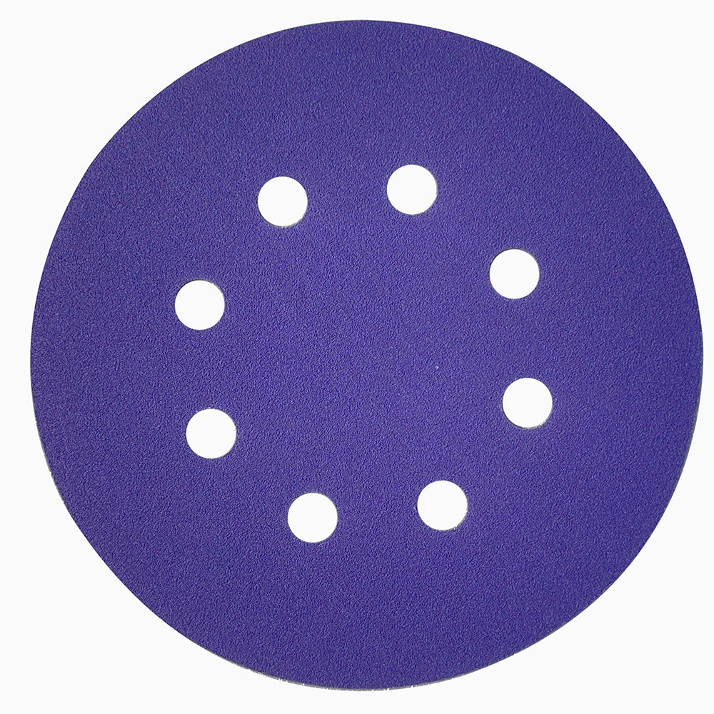 Purple ceramic 5 inch (125mm) 8-hole hook and loop sanding disc, face up