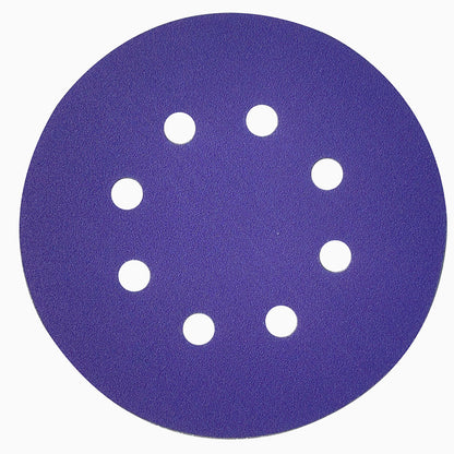 Purple ceramic 5 inch (125mm) 8-hole hook and loop sanding disc, face up