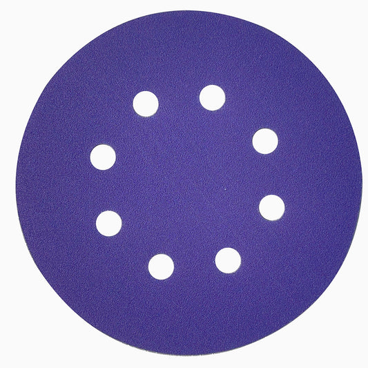 Purple ceramic 5 inch (125mm) 8-hole hook and loop sanding disc, face up