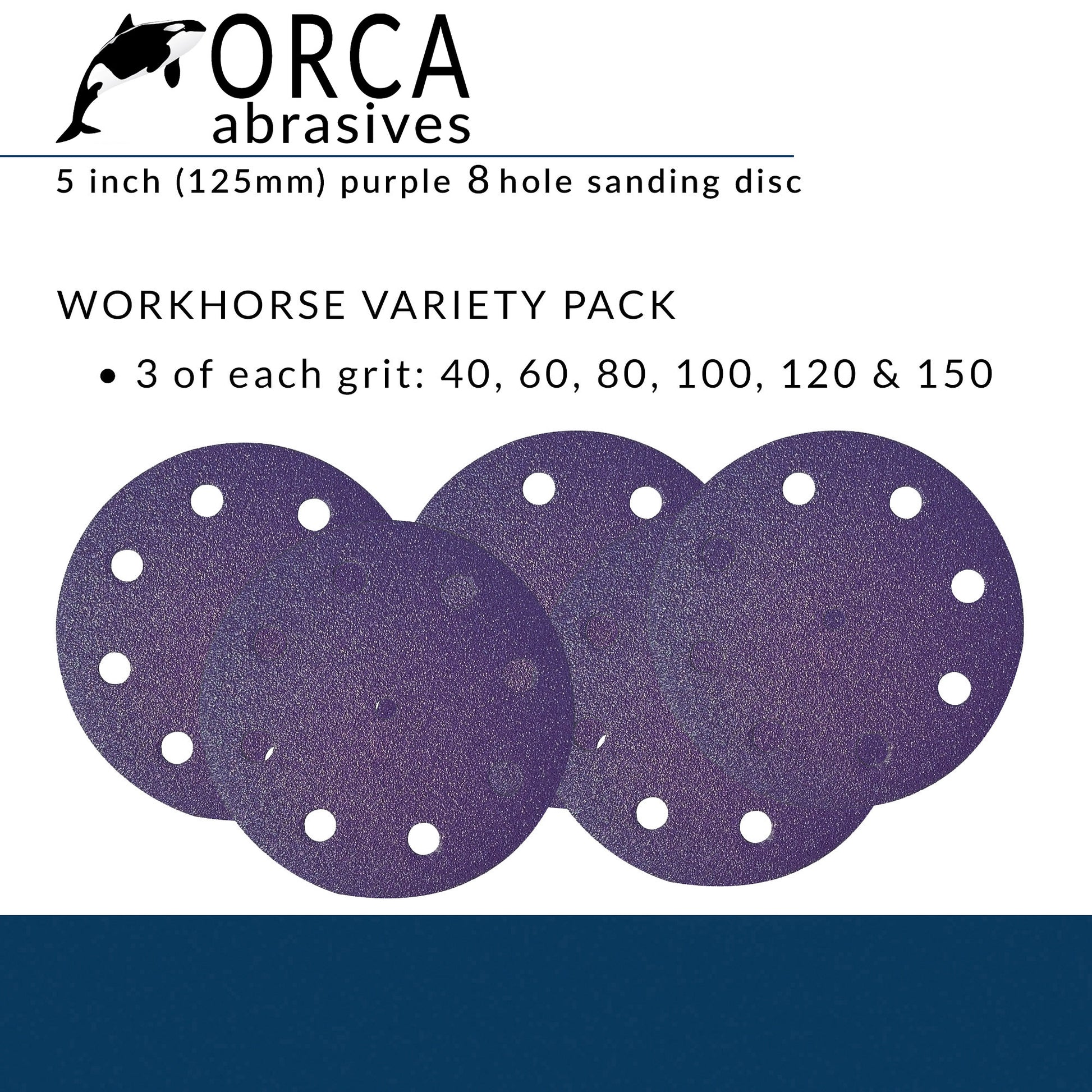 Purple 5 inch 8-hole Workhorse project pack, 3 each of P40, P60, P80, P100, P120 and P150, 18 discs total