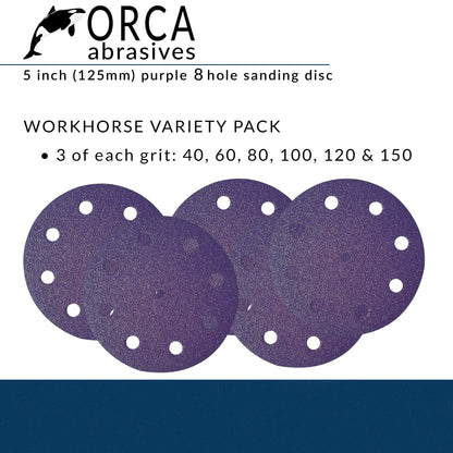 Purple 5 inch 8-hole Workhorse project pack, 3 each of P40, P60, P80, P100, P120 and P150, 18 discs total