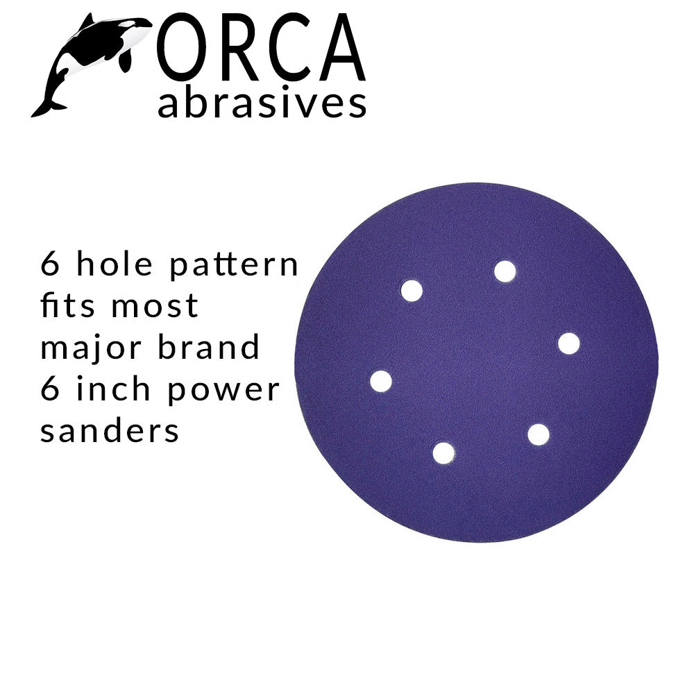 Orca Abrasives infographic, 6-hole pattern fits most major brand 6 inch power sanders